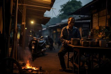 Impoverished Asian Man Cooking in Slums