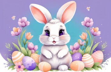 Cute rabbit in a delightful Easter setting with colorful eggs and purple flowers  in watercolo style at the purple background.