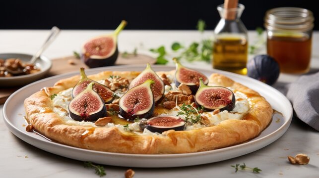  a close up of a pizza on a plate with figs and nuts on a table next to a bowl of honey.