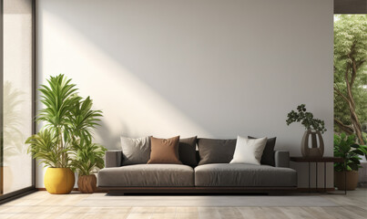 Fototapeta na wymiar Modern living room interior with bright creamy sofa