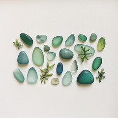Blue and yellow sea glass pebbles arranged beautifully on a white background. Group of smooth translucent pebbles as decor. AI-generated