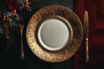 Chic table setting with two gold empty plates, a fork and a knife. Top view of fancy tableware on a table decorated with festive ornament. AI-generated