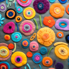Colorful felted floral fantasy background. Abstract whimsical flower pattern made of fun woolen shapes. AI-generated