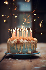 Birthday cake decorated with many burning candles. Simple blue holiday dessert on a rustic wooden table. AI-generated