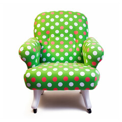 Fun green dotted armchair with nobody in it. Retro upholstered furniture isolated on white. AI-generated