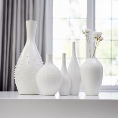A beautiful still life of several white ceramic vases arranged in a row on a table in front of a window. Airy and light room decorated with minimalism and modern aesthetics. AI-generated
