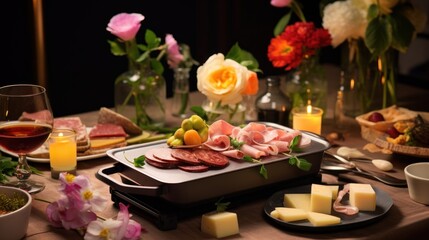Naklejka na ściany i meble a platter of meats and cheeses on a table with a glass of wine and flowers in the background.