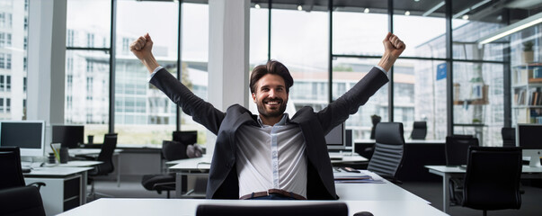 Successful businessman celebrating success and raising hands up - obrazy, fototapety, plakaty