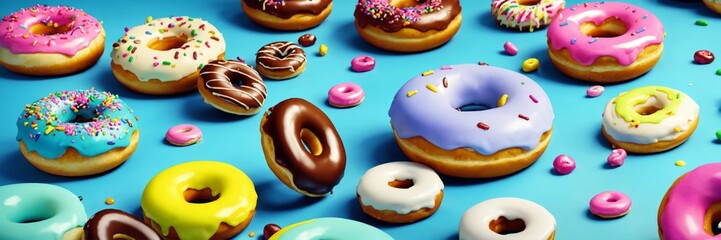 Delicious colorful donuts on a pastel blue background. Tasty dessert food for coffee break concept in minimalism style. Wide screen wallpaper. Panoramic web banner with copy space for design.