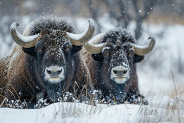 Arctic musk oxen in winter heavy snowing