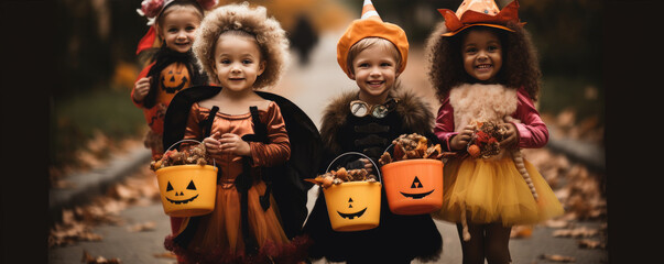 Children in halloween costumes with candy buckets. Halloween concept.