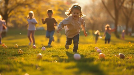 Children participating in an Easter egg roll on a sunlit lawn, the colorful eggs gliding across the grass as the HD camera captures the competitive yet fun-filled moments - obrazy, fototapety, plakaty