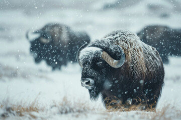 Arctic musk oxen in winter heavy snowing - obrazy, fototapety, plakaty