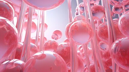  a close up of a bunch of pink balls in a room with a blue sky in the backround.