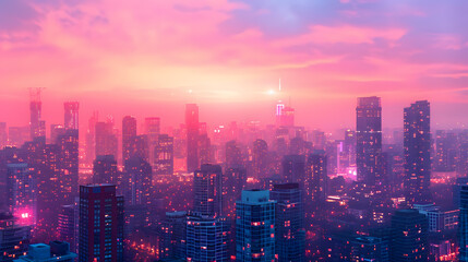 Fototapeta premium A city skyline, with gradient neon lights and pastel skies, during a dream-like evening, reflecting the Psychic Waves aesthetic of experimentation and wellness