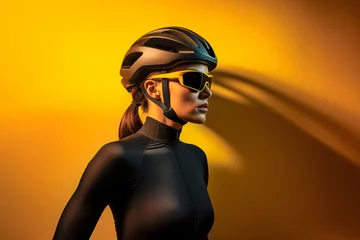 Foto op Plexiglas Athletische Frau in einem aerodynamischen Fahrradanzug mit Fahrradhelm und Sportbrille © Elias Kostner