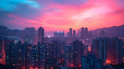 A city skyline, with gradient neon lights and pastel skies, during a dream-like evening, reflecting...