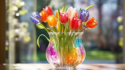  a glass vase filled with colorful flowers sitting on top of a wooden table in front of a window sill.