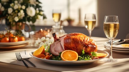  a turkey sitting on top of a white plate with oranges and a glass of wine in front of it.