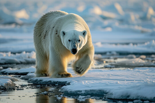Polar bear walks on snow during sunrise