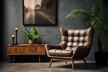 Fashionable armchair against the background of plaster wall. Interior design of a modern living room.
