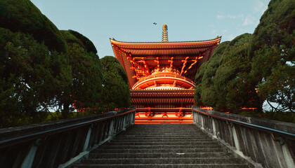 Japanese temple, stairs and architecture with religion and traditional building for Buddhism faith....