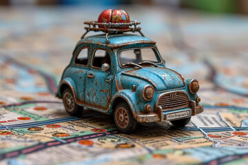 Toy car on a map travelling towards adventure - wanderlust