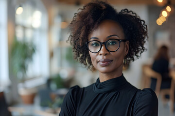 An African-American woman in a black dress and glasses poses confidently in an office, looking at colleagues and smiling.