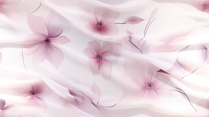  a close up of a white and pink flowered fabric with pink flowers and leaves on a light pink background.