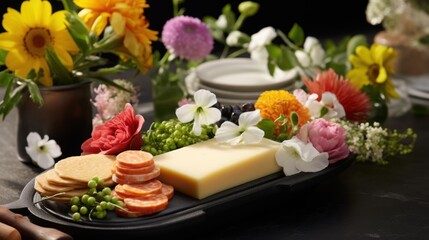 Obraz na płótnie Canvas a platter of cheese, crackers, and flowers are on a table with plates and utensils.