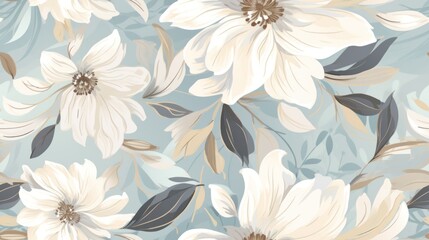  a blue and white floral wallpaper with leaves and flowers on a light blue background with a brown center piece.
