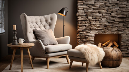 Fashionable armchair on the background of a stone wall. Interior design of a modern living room.