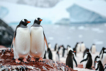 Two penguins standing together and a flock of penguins in the background and an iceberg