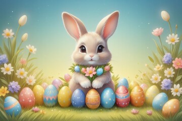 Easter setting with a fluffy rabbit with Easter colorfull eggs with ornaments and spring flowers on bright background with copy space.