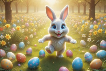 Easter  cartoon bunny in a field filled with colorful easter eggs.