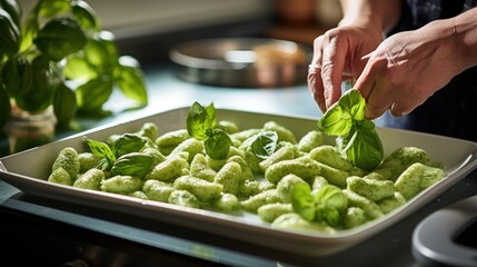  a person is sprinkling basil leaves on a dish of pesto gnocchini with pesto sauce.