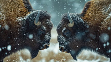 Close-up Bison are colliding in a snowy meadow - obrazy, fototapety, plakaty