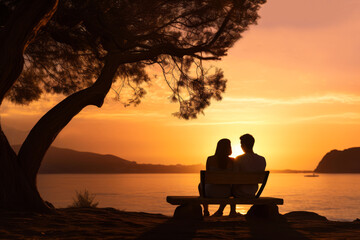Silhouette couple sitting on the beach at sunset