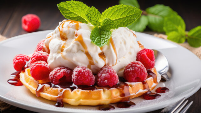 waffles with a scoop of ice cream and fresh raspberries, with berry sauce, mint leaves