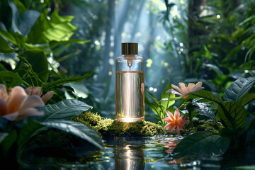 Botanical skincare product with a bottle set against the backdrop of a lush and vibrant tropical rainforest - obrazy, fototapety, plakaty