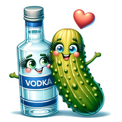 Vodka Bottle and Pickle Duo, Whimsical Valentine's Pair, Cartoon Romance