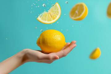 juicy lemons whole and half in female hands on a blue background Hand holding lime. Several views of fresh citrus isolated on blue background.