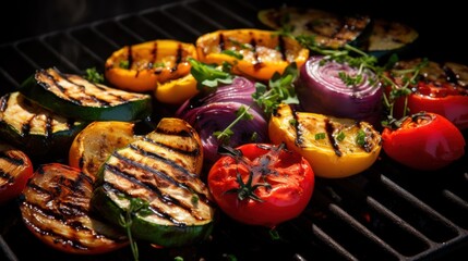  grilled vegetables including peppers, onions, and tomatoes on a bbq with a side of grilled meat.