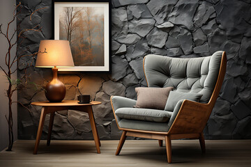 Fashionable armchair against the background of a stone wall. Interior design of a modern living room.