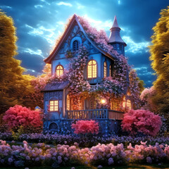 A fairytale house where a magical fairy lives, surrounded by nature and flowers