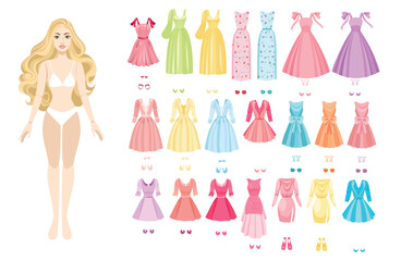Fashion doll set with different colorful dresses 
