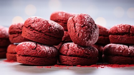 Obraz na płótnie Canvas a pile of red velvet cookies with powdered sugar on top of them and on top of eachother.
