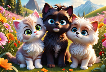 Cute and adorable little fluffy cats on meadow. Generative AI - obrazy, fototapety, plakaty
