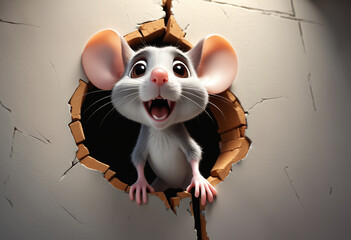 Funny mouse popping out from wall hole. Generative AI