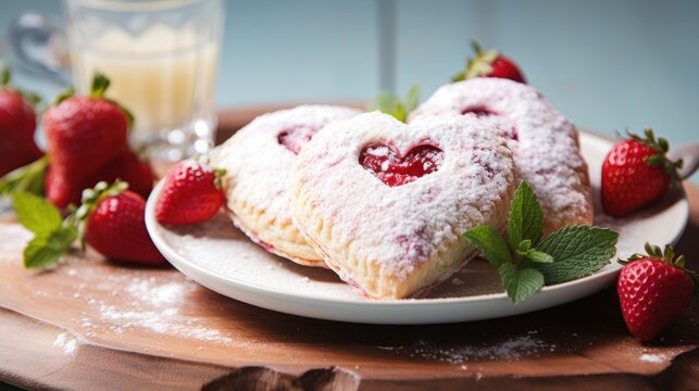  two heart shaped strawberry shortbreads on a plate with strawberries and a glass of milk on the side.